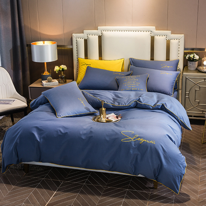 60支长绒棉字母简约绣花纯棉纯色四件套床上用品工艺款全棉四件套|ms