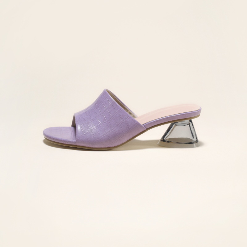 Crystal-heeled sandals Clear and stone-patterned square midheel slippers_voghion.com