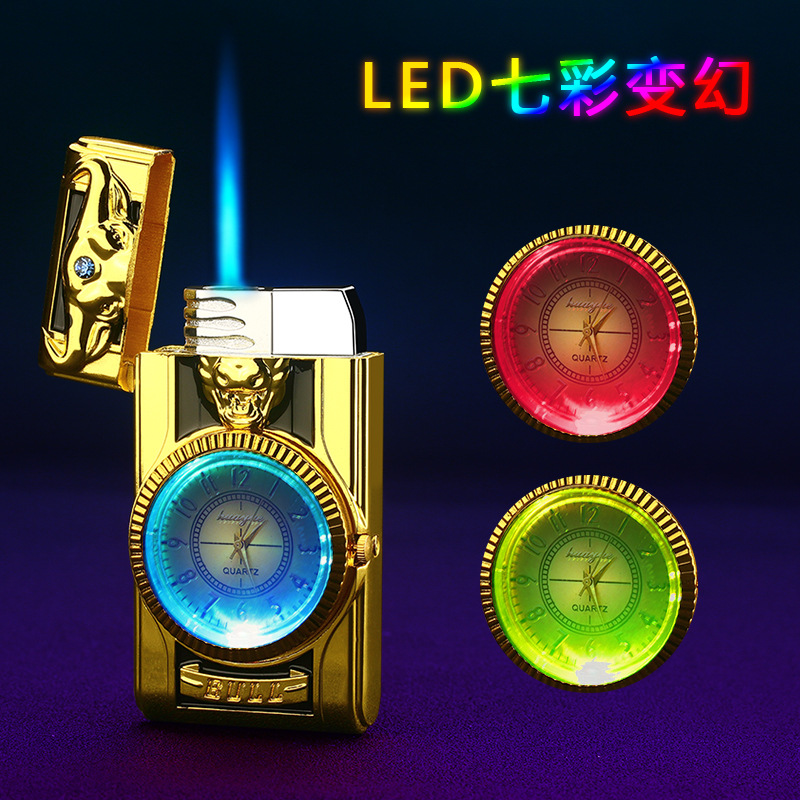 气体新款充气手表石英表 创意七彩灯 充气防风直冲打火机 蓝火苗