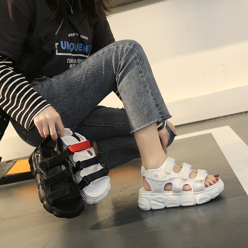 跨镜凉鞋女2020夏季新款韩版百搭学生耐磨轻便厚底魔术贴松糕鞋批|ru