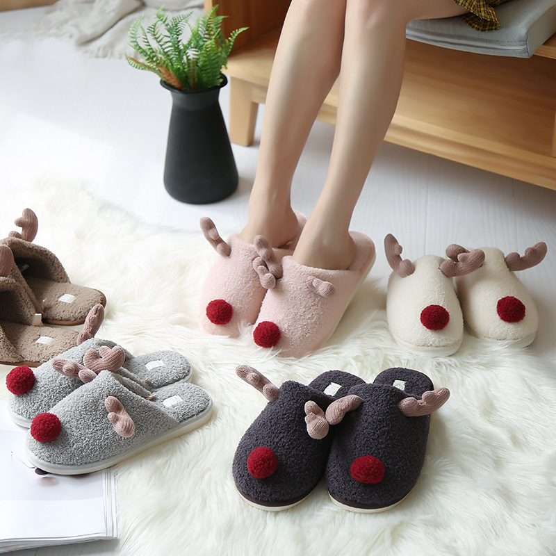 Autumn and winter Round Flat heel Elk brown Fleece non-slip Home Rubber shoes Plush Shallow mouth slipper Cartoon Home Furnishing