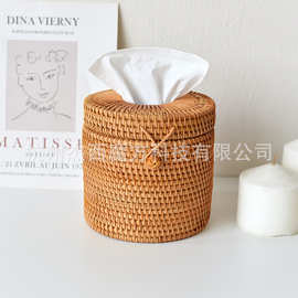 越南手工藤编圆筒纸巾盒卷纸收纳盒家用纸巾筒收纳花艺道具