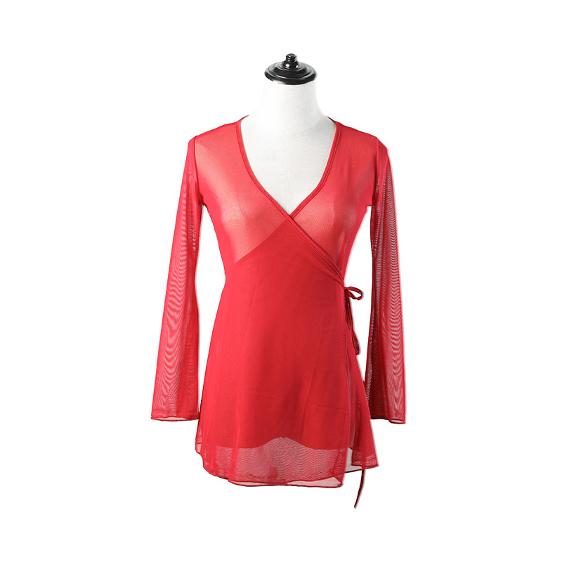 Ropa de baile para adultos de las mujeres ropa de gasa de danza clásica práctica étnica ropa de práctica de baile de malla de encanto de cuerpo superior larga