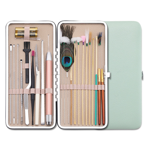 23 pieces of ear picking tools for massaging the ear canal, tuning fork, earwax cleaning quill stick, visible light-emitting ear scoop set