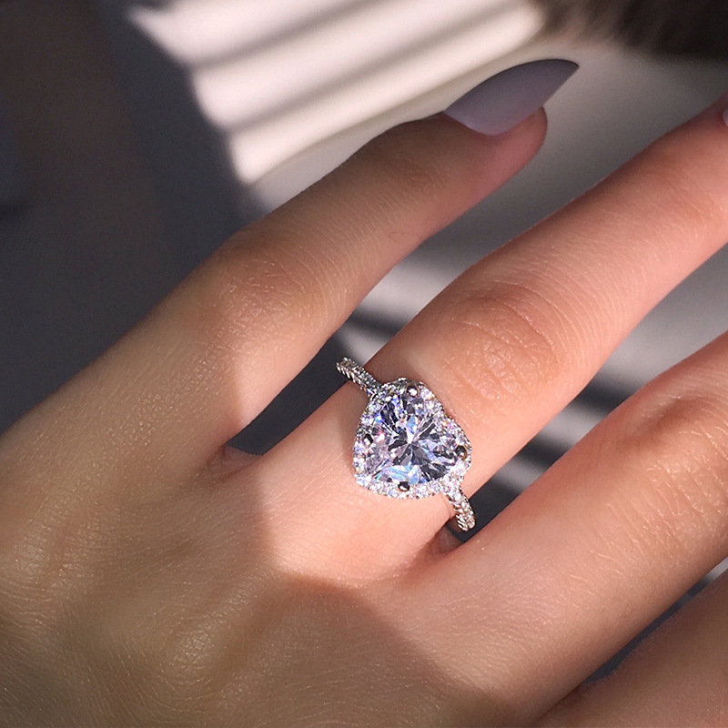 AliExpress Best Selling Simulation Diamond Love Ring European and American Micro-inlaid Mossan Diamond Heart Ring Engagement Diamond Ring