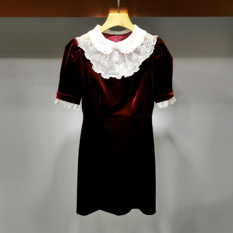 2020秋季新款韩版透视性感蕾丝网纱拼接丝绒礼服连衣裙M1400501潮