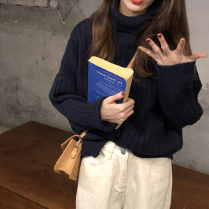 网红高领套头毛衣女秋冬精品时尚外穿慵懒风加厚针织衫红色上衣服
