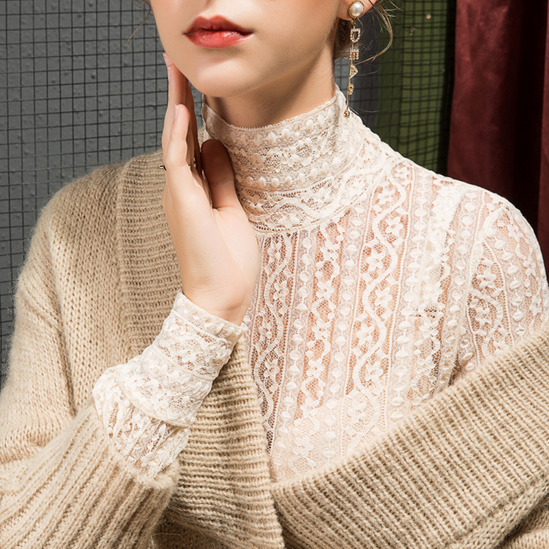 Spring New Lace High Collar Base Shirt Women's Slim-fit Spring and Autumn Inner Lantern Sleeve Hollow Western Style Shirt Spring New Lace High Collar Base Shirt Women's Slim-fit Spring and Autumn Inner Lantern Sleeve Hollow Western Style Shirt