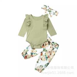 跨境外贸爆款女童儿童侧花边哈衣加碎花小短裤加头花 厂家直销