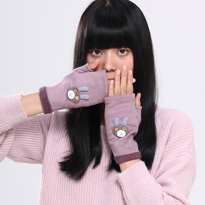 秋冬半指麂皮绒保暖手套女纯色双层韩版手套可爱加绒现货包邮手套