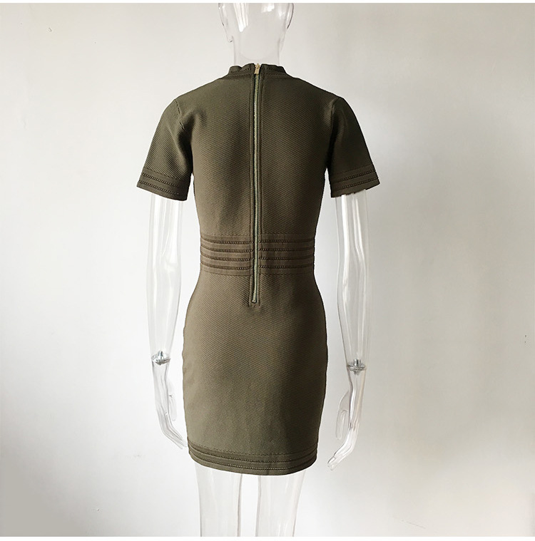 Spring Knitted Short Sleeved V neck Dress Sheath Army Green Black Texture