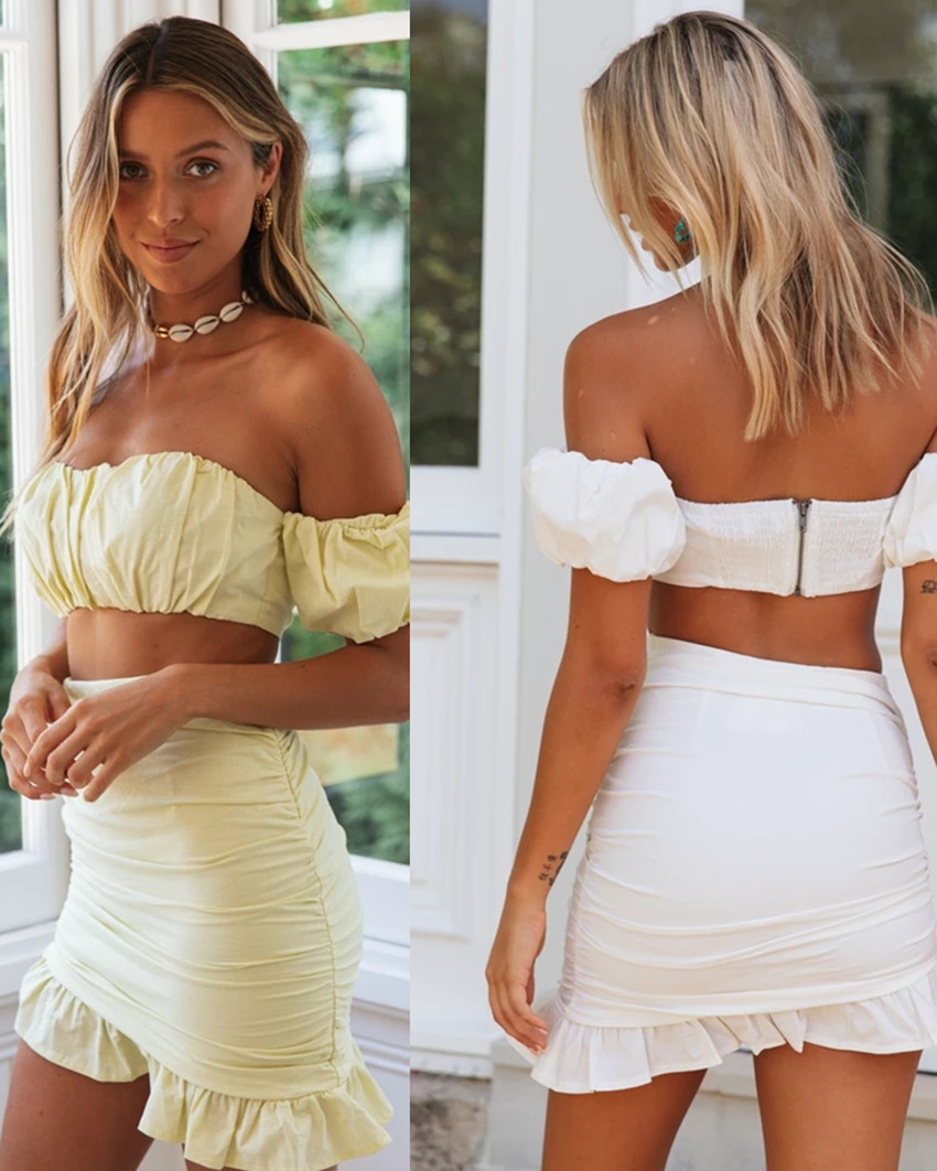 Solid Color Pleated Tube Top and skirt Set NSJKW119163