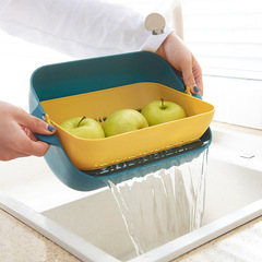 Kitchen double-layer square rotating vegetable sink plastic creative vegetable strainer draining basket fruit basket vegetable basket fruit bowl
