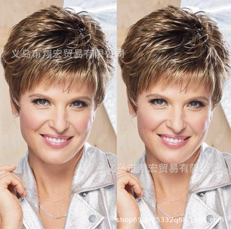 Cross-border hot selling European and American wig independent website hot selling short hair oblique bangs mixed Golden short curly hair wholesale in stock