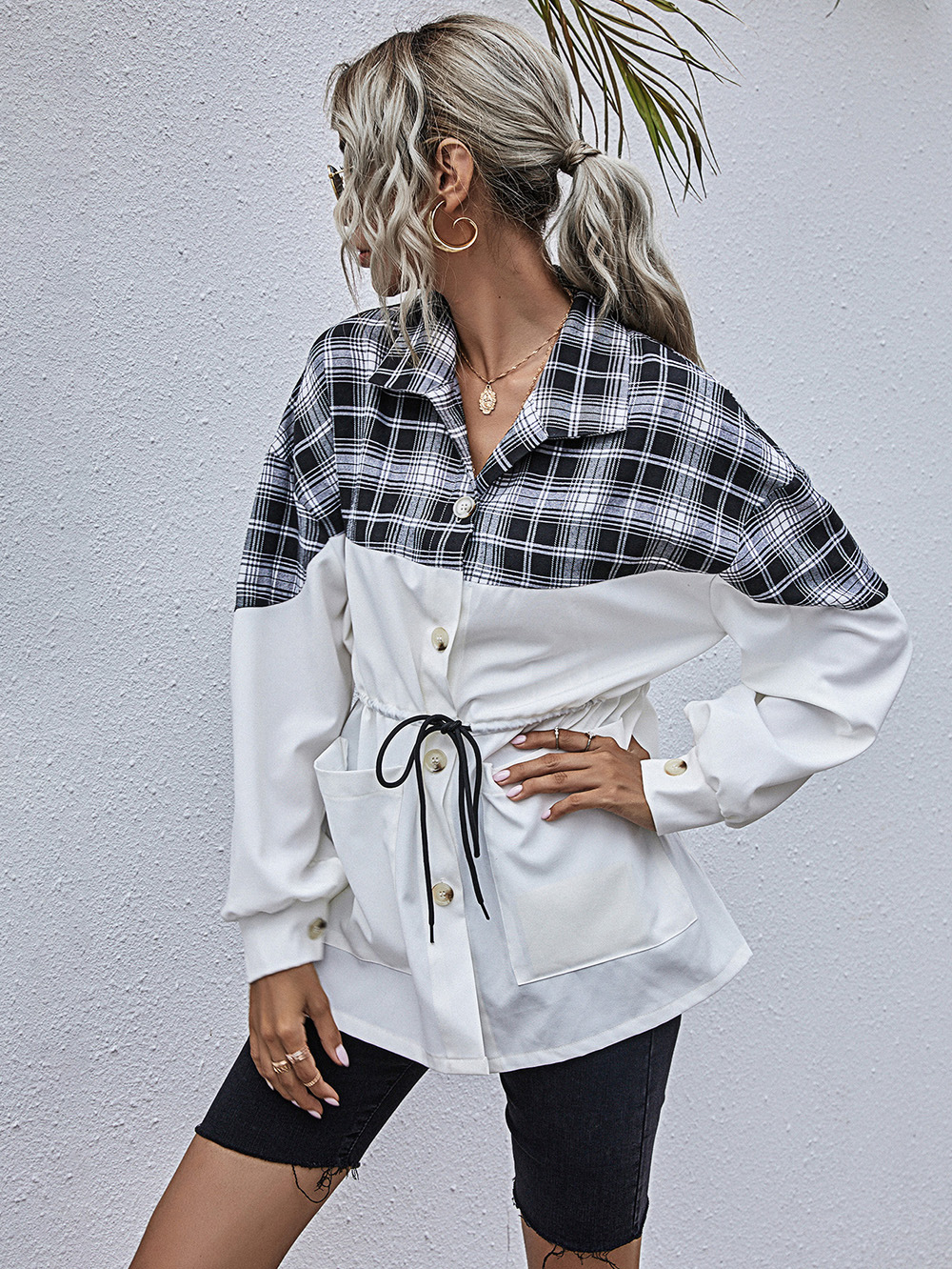 fashion casual lapel check shirt NSDF5186