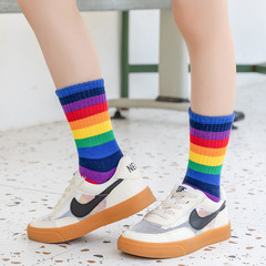兒童襪子春秋彩虹潮襪男女童運動棉襪粗細條紋日韓學生中筒短襪