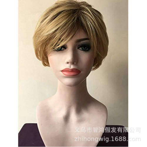Amazon manufacturers supply European and American fashionable wigs with oblique bangs, short straight hair, full top, chemical fiber golden yellow full headgear