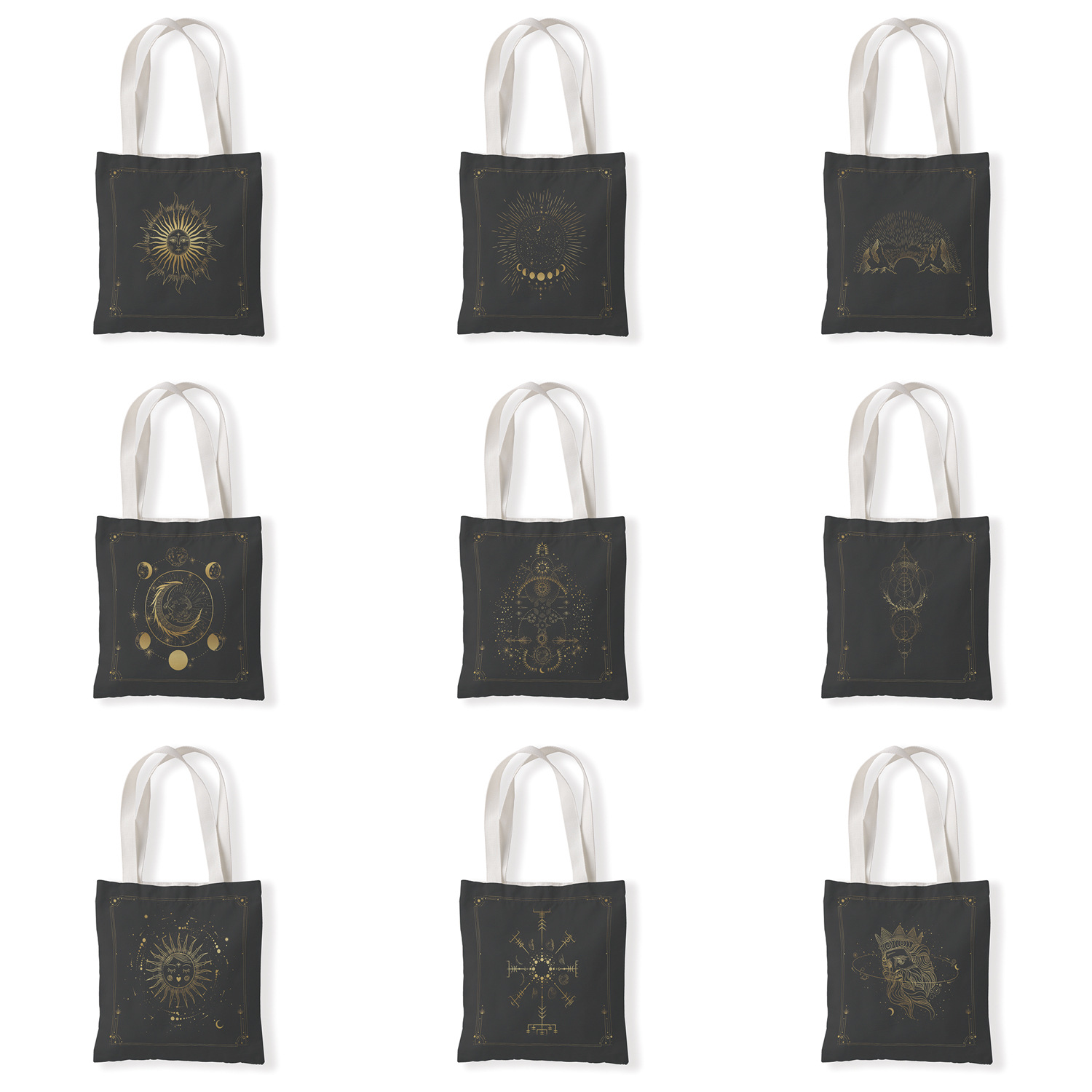 黑底金色图案帆布袋百搭包休闲单肩袋学生零钱袋环保购物袋手拎包