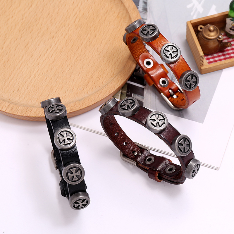 New retro menu0027s leather punk style cross bracelet for women wholesale nihaojewelry