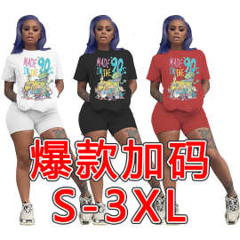 D9229亚马逊热卖欧美女装 时尚休闲纯色卡通印花短袖短裤两件套