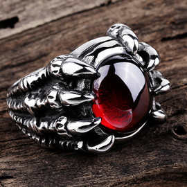 欧美时尚霸气镶红宝石指环男士个性复古中国龙爪戒指潮流合金戒子