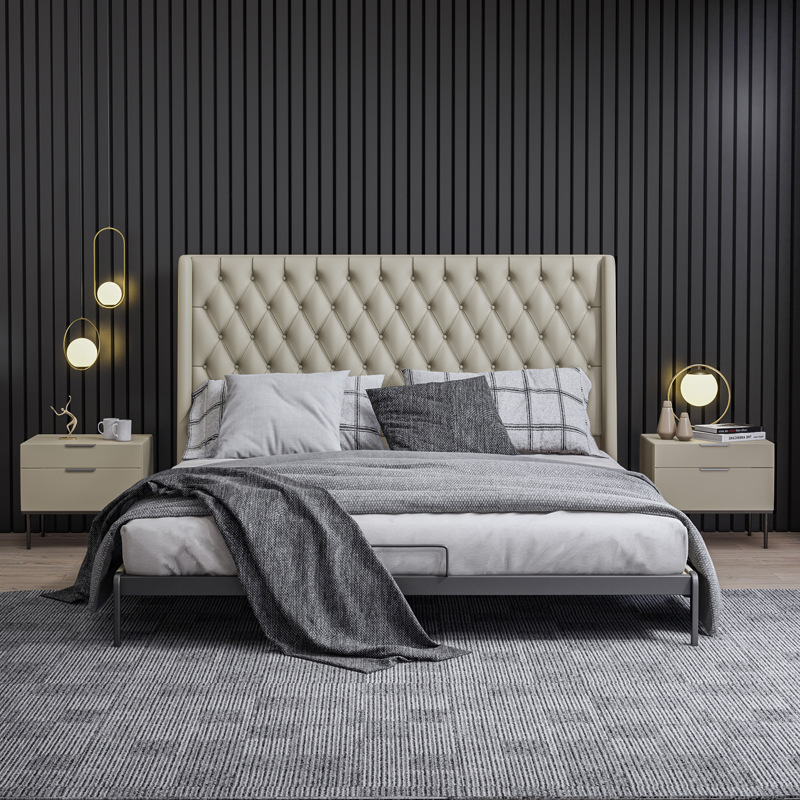 Cama de cuero genuino Yihai Xuan, estilo minimalista italiano, cama doble para dormitorio principal, modelo de diseño, cama de cuero de primera calidad importada, cama grande.