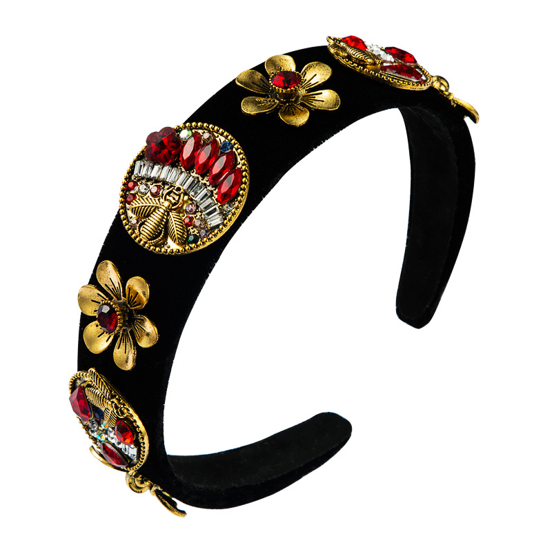 Retro Baroque Palace Style Color Rhinestone Headband Black Gold Velvet Fabric Flower Headband display picture 8