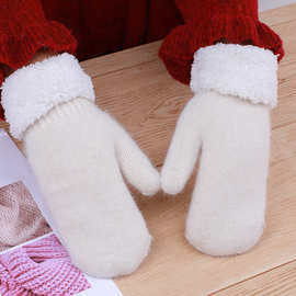 冬季羊毛保暖手套 韩版女士户外纯色翻边双层加厚连指针织手套批