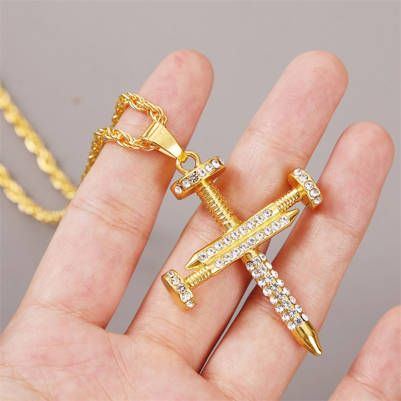 Exaggerated Nail-shaped Rhinestone Cross Hip-hop Necklace Neutral Long Pendant Wholesale Nihaojewelry display picture 3