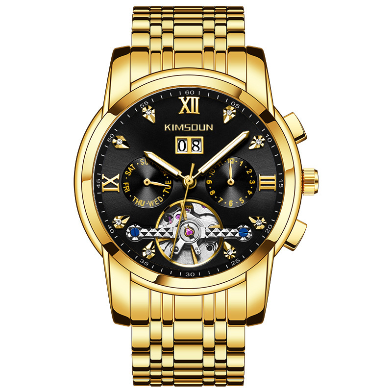 Kimsdun hombres correa de acero reloj mecánico automático calendario hueco volante impermeable reloj de pulsera mecánico K-1895A