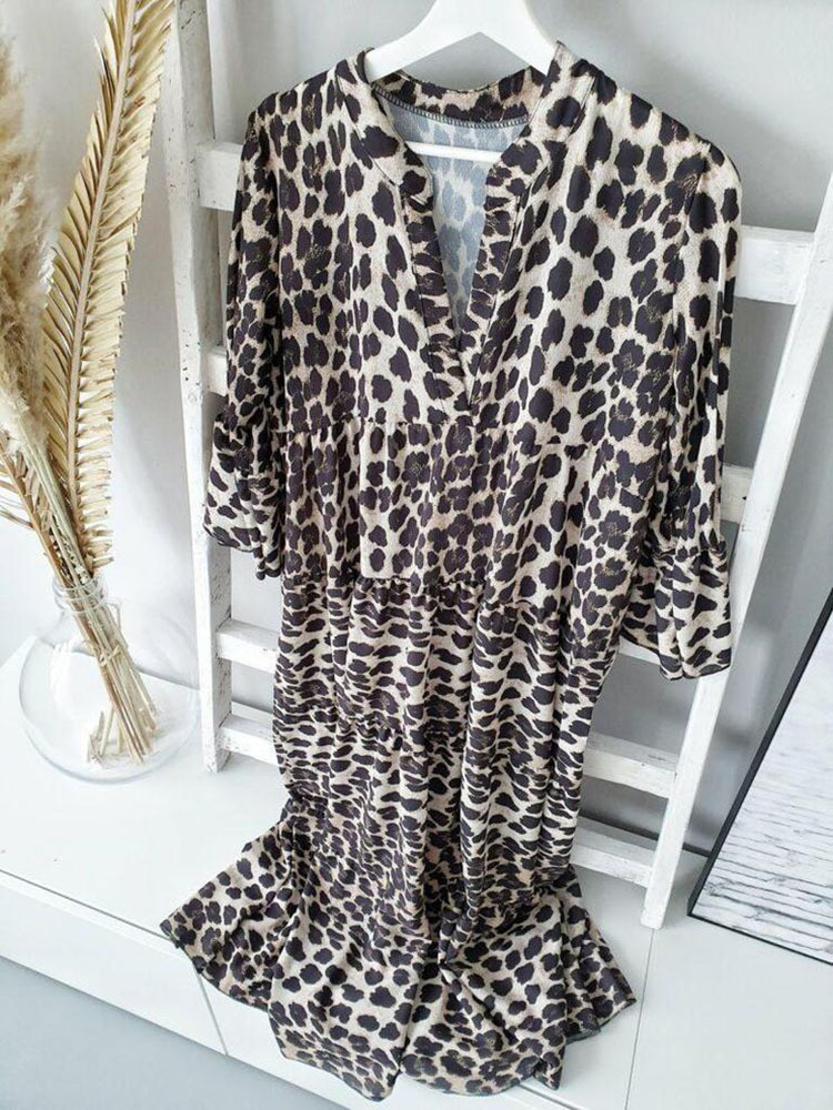 Rochie lungă boho cu imprimeu leopard pentru femei primăvară_voghion.com