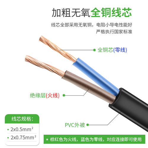 Pure copper 0.75 square 3C national standard power cord with two flat plug and eight-shaped tail AC two-core 8-shaped tail power cord