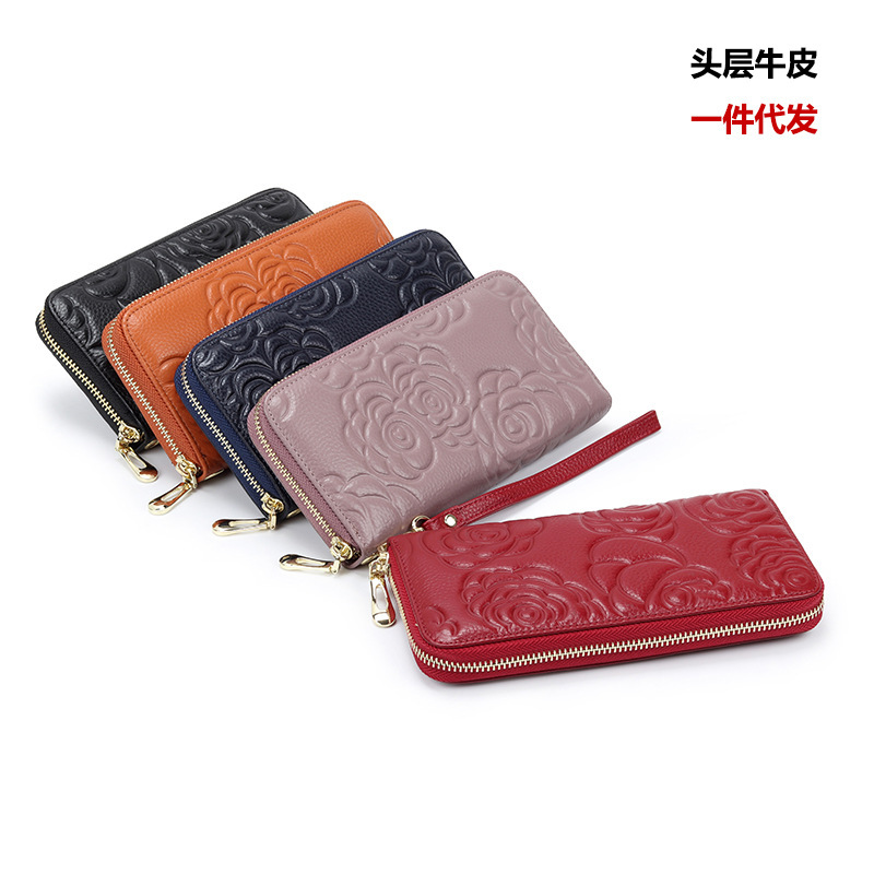 Guangzhou Factory Women's Wallet New Leather Long Single Zipper Bag Fashion Camellia Top Layer Cowhide Money Clip Guangzhou Factory Women's Wallet New Leather Long Single Zipper Bag Fashion Camellia Top Layer Cowhide Money Clip