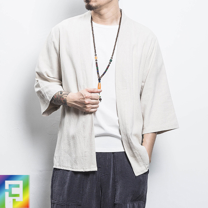 Cropped Sleeve Shirt Men's Taoist Robe Chinese Style Summer New Arrival Men's Hanfu Loose Large Size Cardigan Kimono Jacket Cropped Sleeve Shirt Men's Taoist Robe Chinese Style Summer New Arrival Men's Hanfu Loose Large Size Cardigan Kimono Jacket