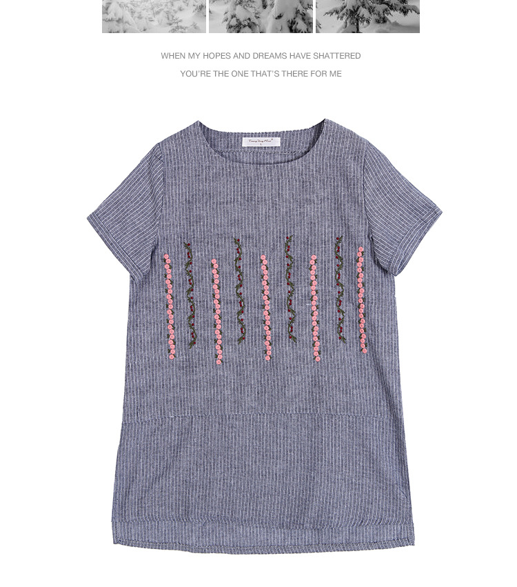 striped loose casual embroidery cotton and linen t-shirt  NSJR36750