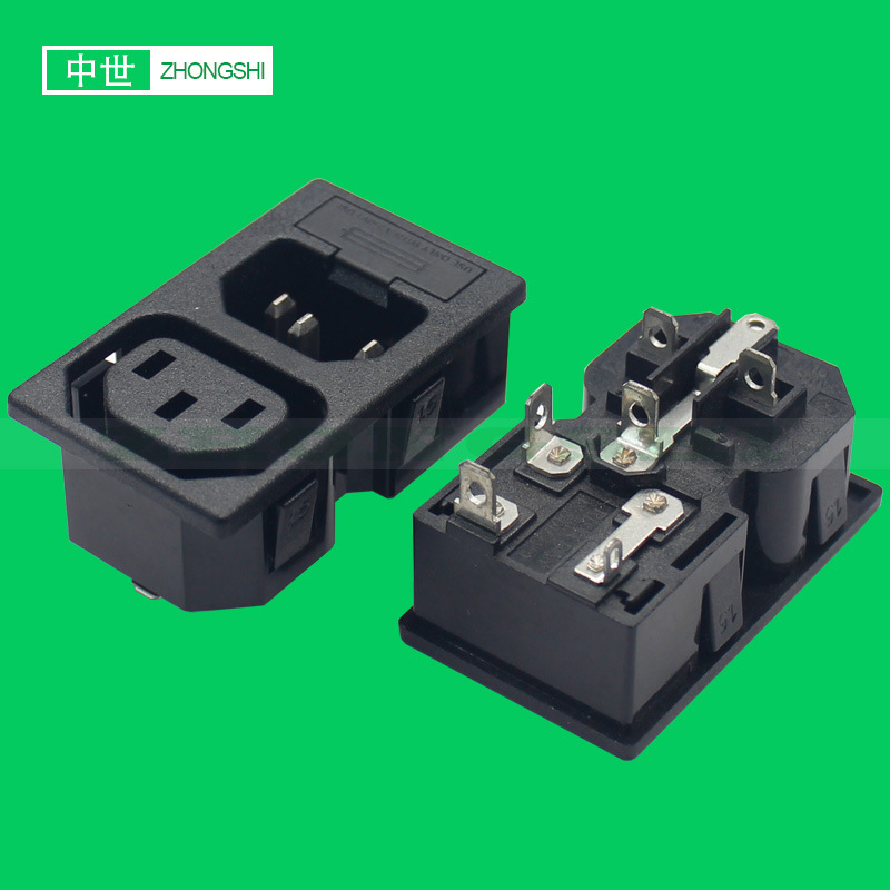 三合一公母插座带保险C13转C14品字型品字尾卡式嵌入式连体保险丝