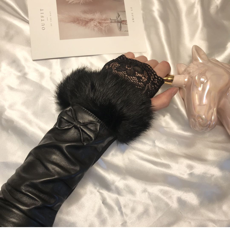 羊皮真皮长手套女秋冬兔毛半指皮手套秋冬手臂套皮草搭配