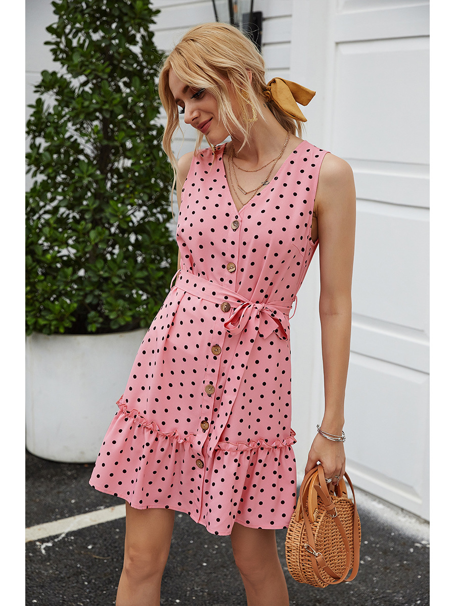  new V-neck polka dot casual tie sleeveless dress NSAL2132