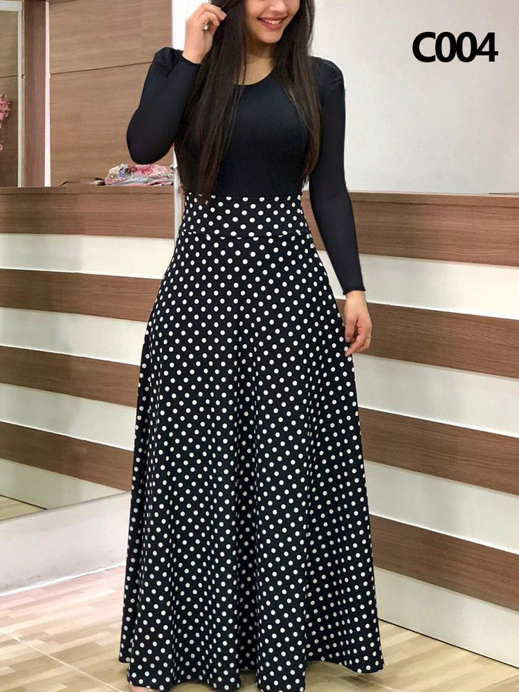 Women's Regular Dress Fashion Round Neck Patchwork Long Sleeve Color Block Polka Dots Flower Maxi Long Dress Daily display picture 2