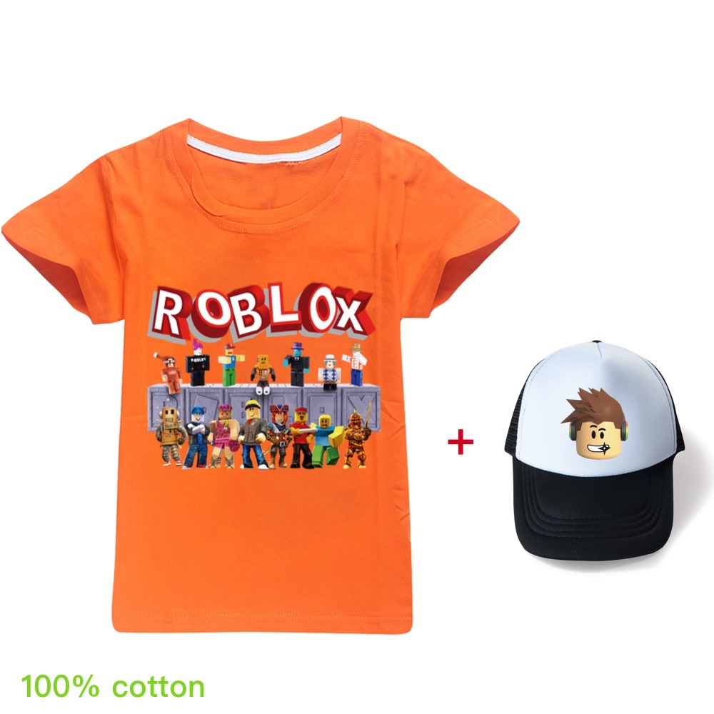 Boys Girls Kids Roblox Cartoon Short Sleeve T Shirt Hat Summer