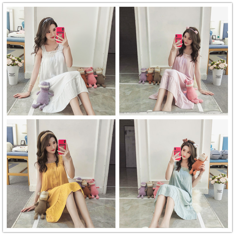 2020夏季吊带睡裙女士家居服纯色裙子棉麻吊带裙带胸垫宽松透气