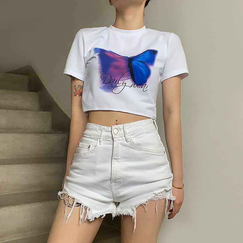 summer new butterfly print slim round neck crop top NSMEI55110