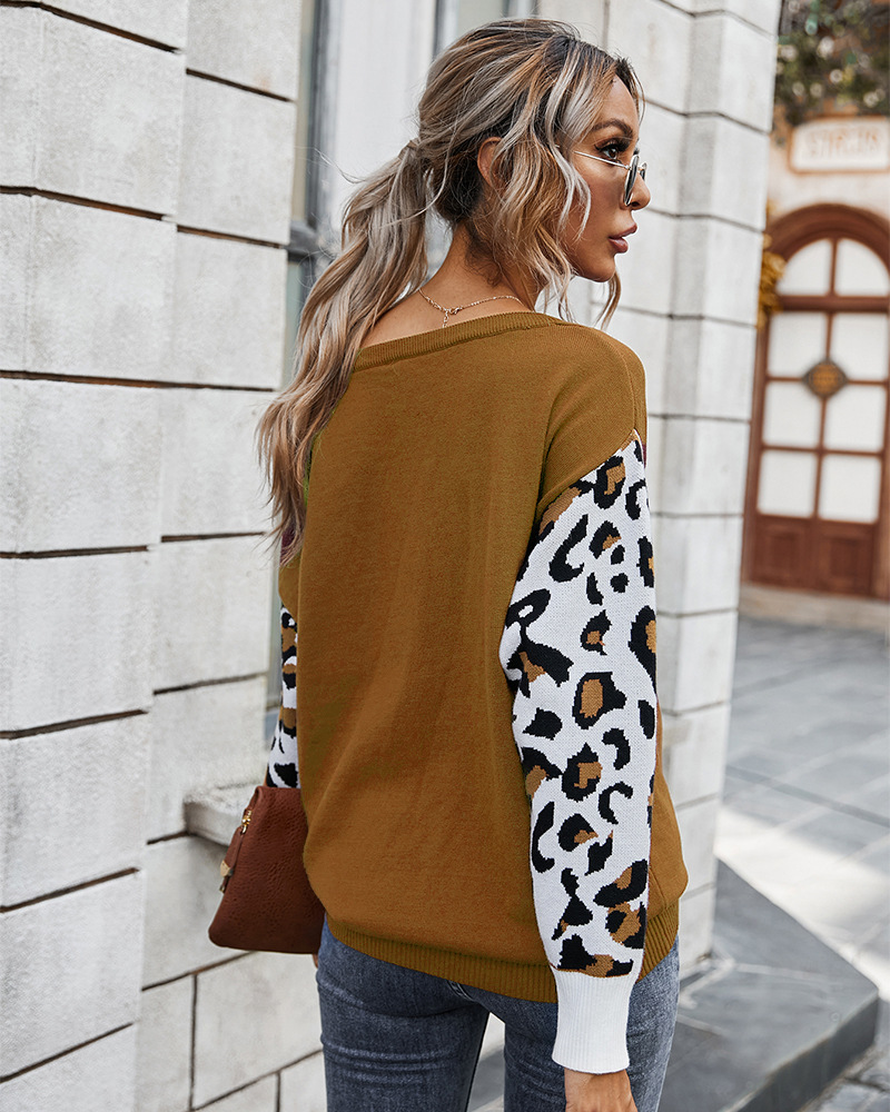 fashion contrast stitching leopard print sweatershirt NSDY7668