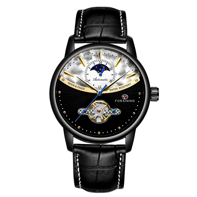 Forsining Fusini 8179 cinturón hombres de negocios reloj mecánico automático transparente inferior hueco reloj hombres