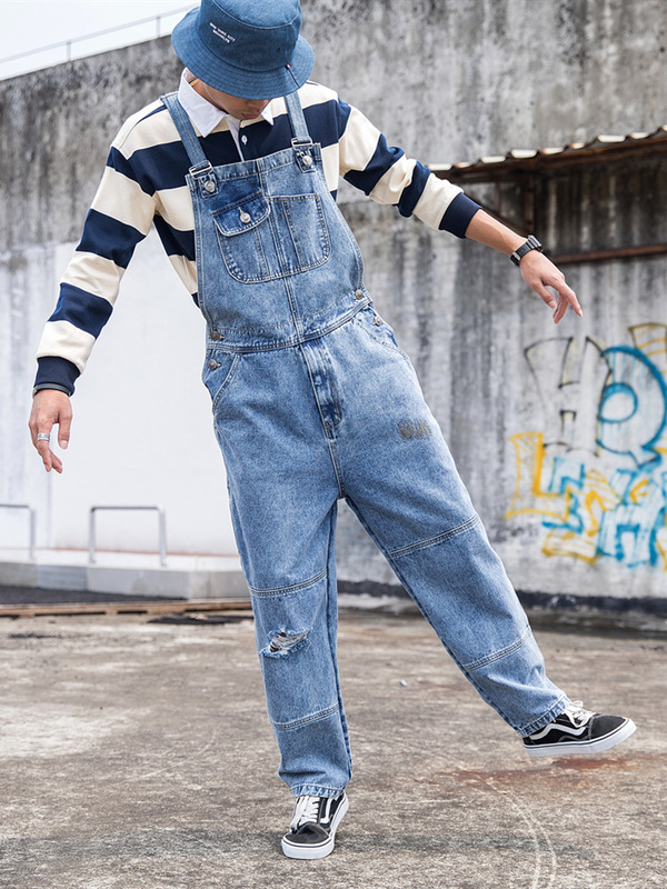 Men's Denim Overalls Couple's Ripped Loose Straight One-piece Wide-leg Covers Suspender Pants ins Daddy Pants
