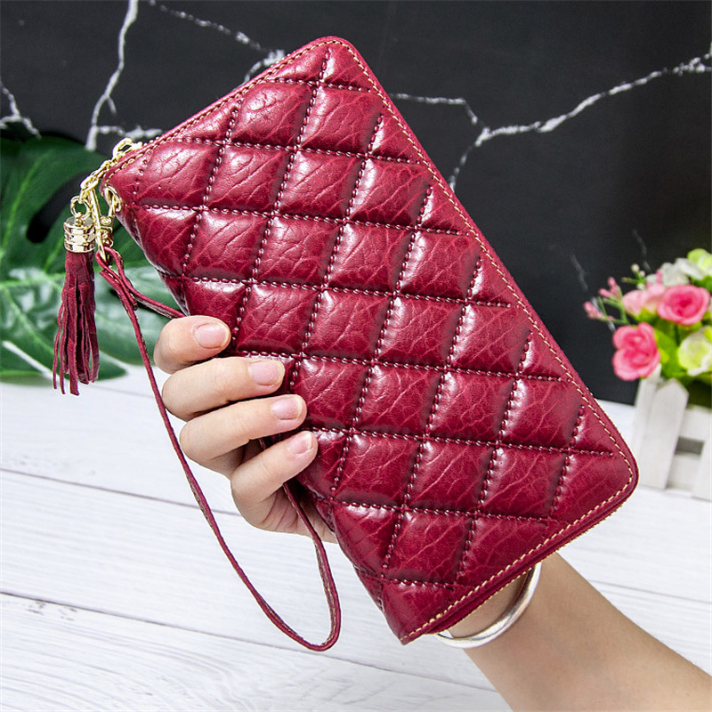 Genuine Leather wallet in stock new rhombic oil wax cowhide long women's zipper bag vintage phone bag women's wallet