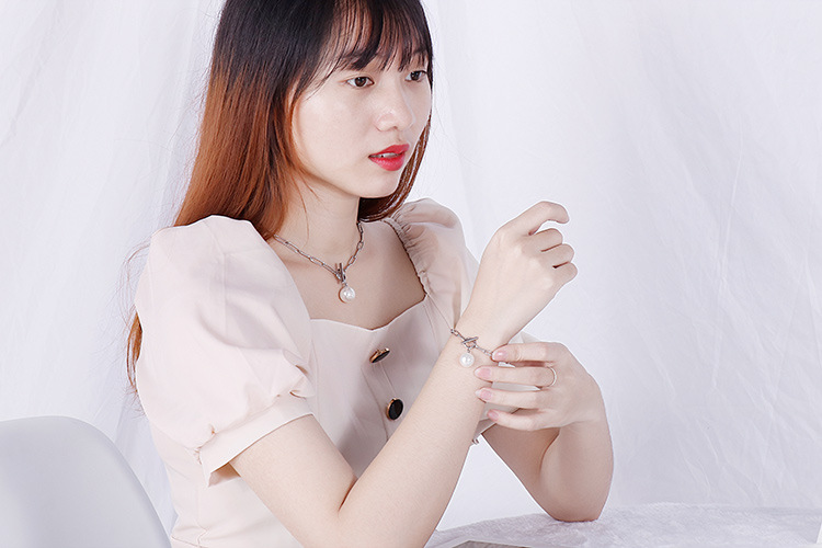 new stainless steel square chain pearl necklace bracelet set wholesale Nihaojewelry