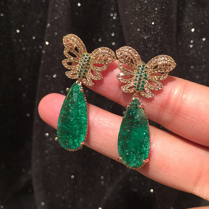 Golden Butterfly Earrings Hollow Super Fairy Emerald Tourmaline Earrings S925 Silver Needle Luxury Exaggeration Large Earrings display picture 4