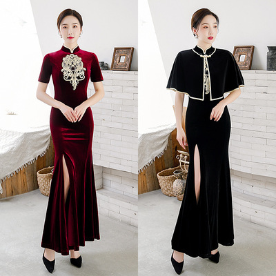 Chinese Dress cheongsam for womenCheongsam dress velvet embroidery long cheongsam with velvet shawl Tang