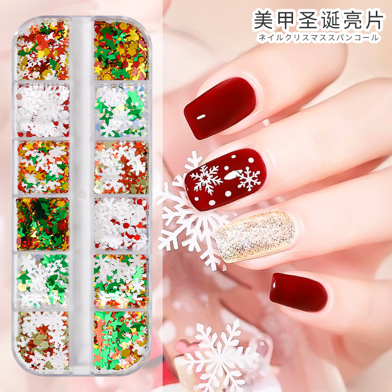 Nuevas lentejuelas de uñas transfronterizas Otoño e invierno japonés lentejuelas de copo de nieve Lentejuelas navideñas ultrafinas uñas decorativas parche mixto